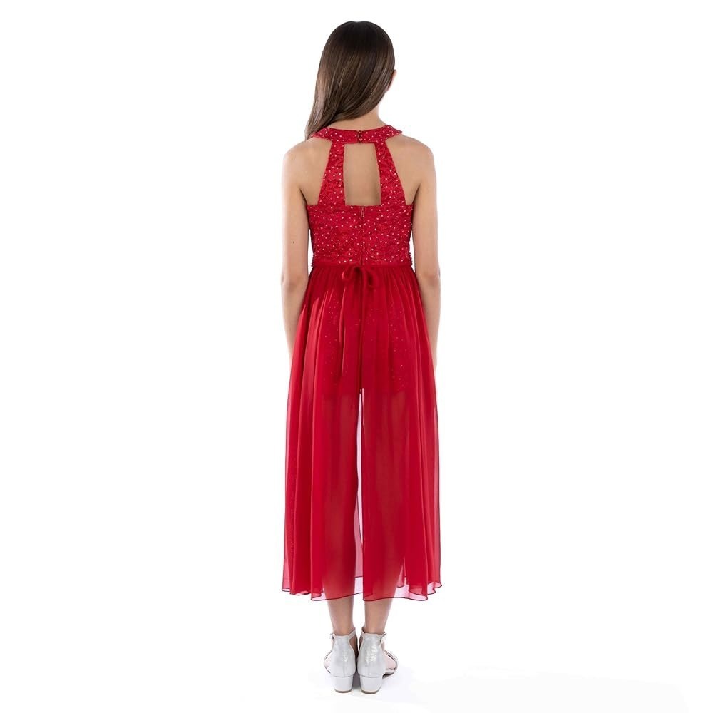 Red Halter Romper Maxi Dress Girls Sparkle Party Special Occasion - Picture 3 of 14